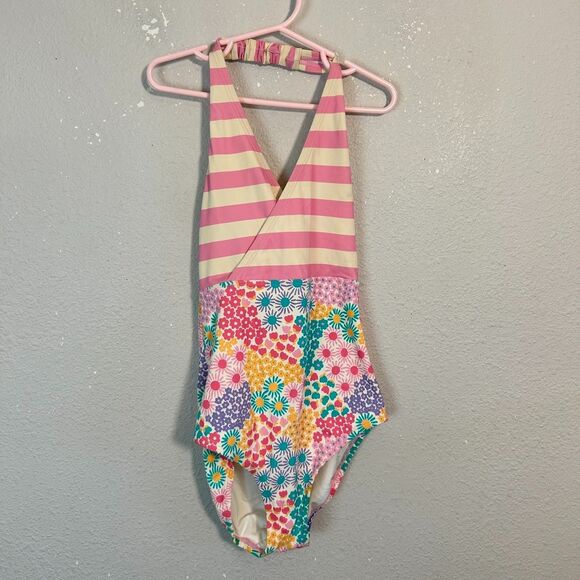 Hanna Andersson Girls Halter One Piece Swim Suit 10 140 Pink Flowers Stripe - Picture 2 of 7